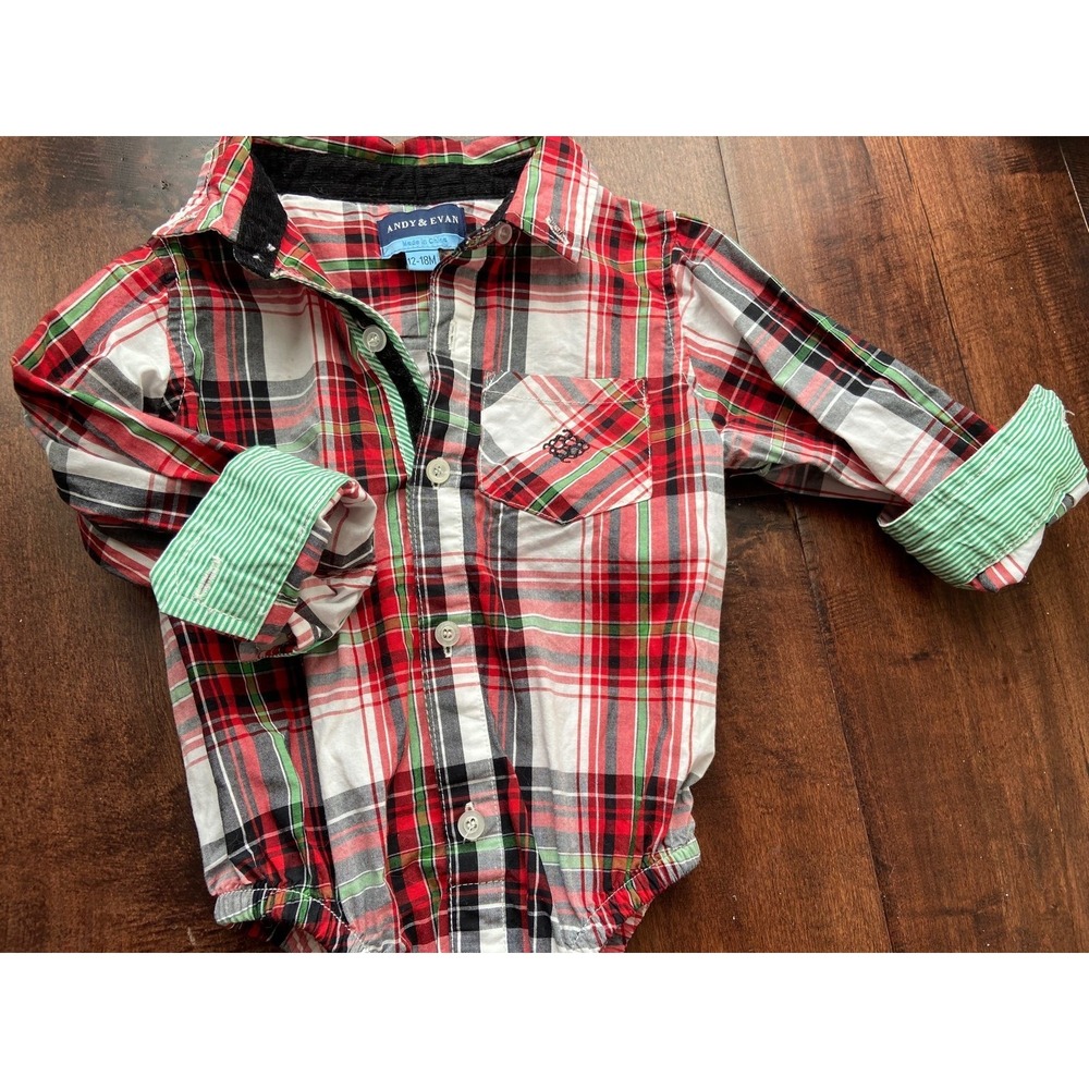 Andy and Evan‎ plaid Christmas onesie 12-18 mos fall